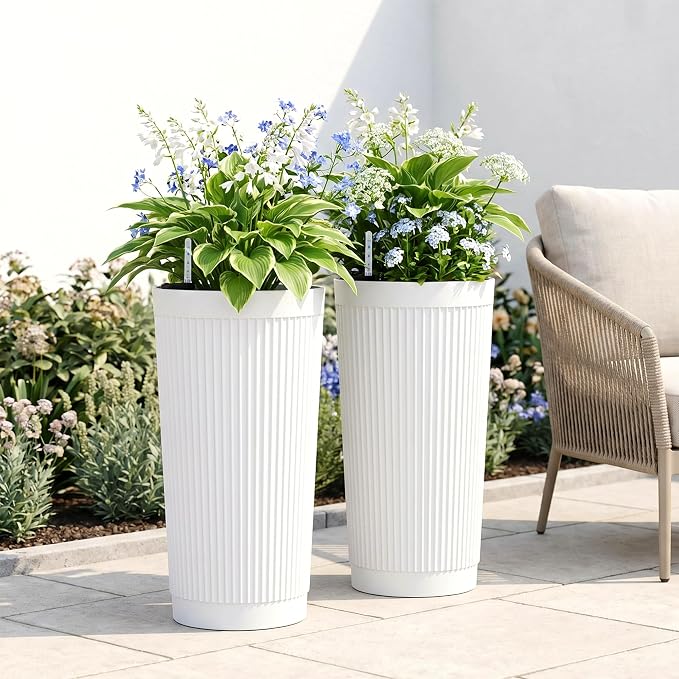 TUYOHW Set of 2 Large Round Tall Planter for Indoor or Outdoor 24" Flower Pots for Porch, Patio, Backyard, Large Planters for Outdoor Indoor Plants