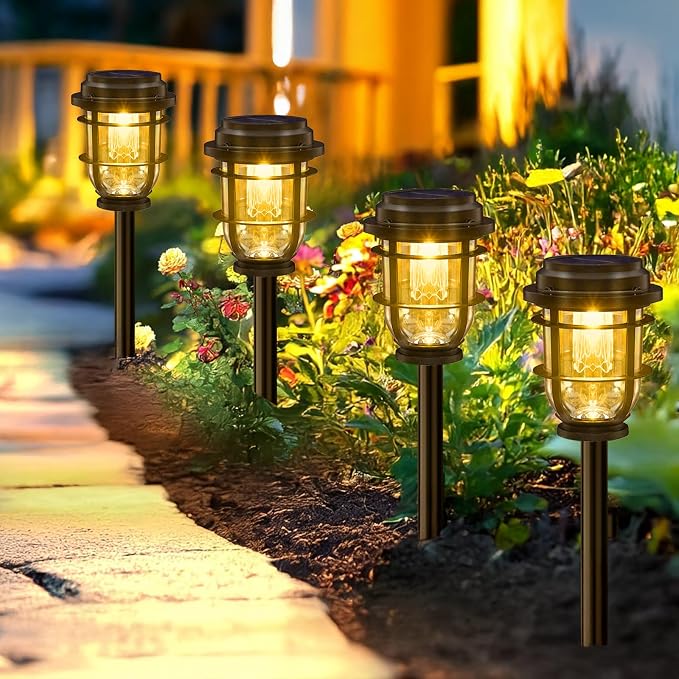Vuees 6-Pack Solar Pathway Lights, 3-in-1 Design Outdoor Garden Patio Decor | 3000K warm glow, stake, tabletop or hanging setup, no wiring, rain-ready build, walkway, poolside and deck placement