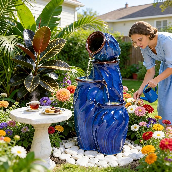 29" Ceramic Water Fountain Outdoor, 4-Tier Dynamic Wavy Design, LED | Outdoor Fountain with Artistic Cobalt Blue Glaze, Decorative Water Feature, Cascading Waterfalls for Serene Garden Patio Yard