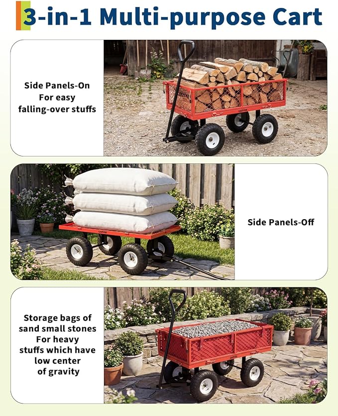 Garvee Versatile Outdoor Utility Cart-400LBS Heavy-Duty, 10" All-Terrain Pneumatic Tires, Easy Maneuverable Lawn Cart with Removable Mesh Panels for Gardening&Landscaping, Red, with Waterproof Liner