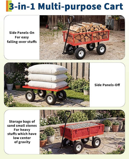Garvee Versatile Outdoor Utility Cart-400LBS Heavy-Duty, 10" All-Terrain Pneumatic Tires, Easy Maneuverable Lawn Cart with Removable Mesh Panels for Gardening&Landscaping, Red, with Waterproof Liner
