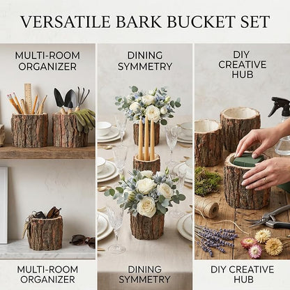 Wooden Vase for Centerpieces, 6 Pack Wood Flower Vase Rustic Tree Stump Planter Pots, Wooden Bark Flower Bucket for Wedding Farmhouse Christmas Table Decor, Round Bark Stump Pots - 3.6x3.6x3 inch