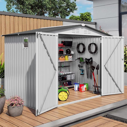 8X6 FT Storage Shed, Metal Outdoor Garden Tool Shed with Pitched Roof Waterproof with Window and 2 Lockable Door,Vents,for Garden Tool Storage, Sundries and Bike Storage,White+Gray