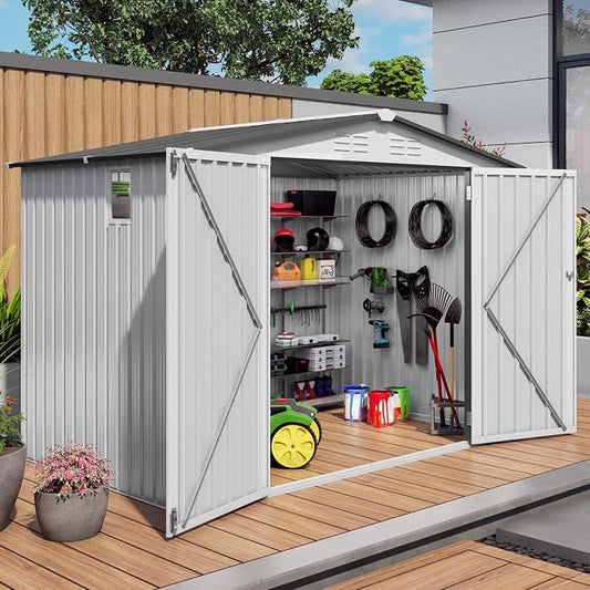 8x6FT Metal Storage Shed, Outdoor Garden Tool Shed, Galvanized Steel Lockable Backyard Organizer, Waterproof Weather Resistant Utility Storage House, Patio Courtyard Equipment Storage, Easy Assembly
