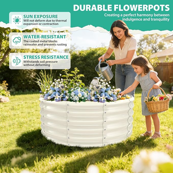 YSEJOMP 17" Tall 40" Diameter Round Raised Garden Bed Kits Outdoor White | 1.5 FT Tall,3.3FT Planter Bed for Flowers,Herbs,Vegetables,Trees,0.8MM Thick Galvanized Metal Painted,with Gloves,Tool free
