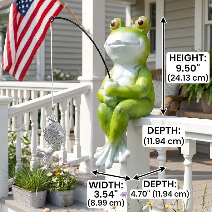 9.5" Frog Fishing Garden Sculptures & Statues, Stone Look Sculpture, Whimsical Lawn Yard Art, Funny Pond Fisherman Statue, Resin Animal Decorative Figurine, for Frog Fishing Lovers