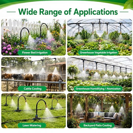 12-Pack 7.8" Drip Irrigation Parts, 360° Adjustable Brass Misting Nozzles with Pneumatic Quick Connect Tee Connectors, Replacement Upgrade Accessories Kit for 1/4" Garden Bed Watering System