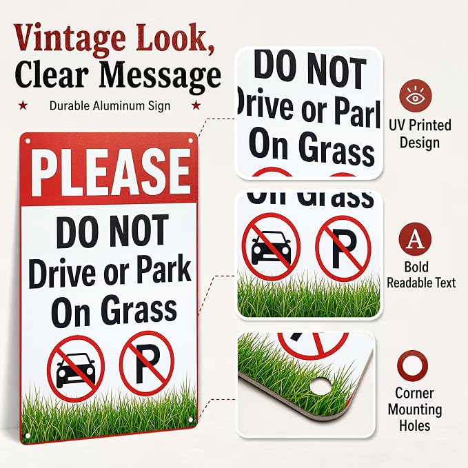 Do Not Park on Grass Tin Sign, 12 x 8 Inch Lawn Notice Aluminum Metal Wall Decor, No Driving Parking Sign for Yard, Driveway, Gate, Fence