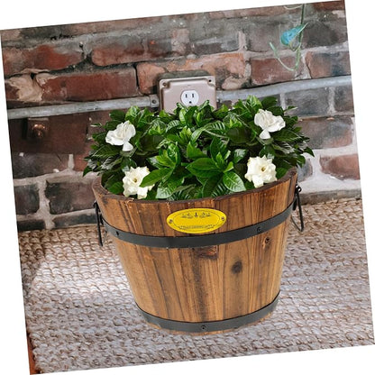 DOITOOL Wooden Barrel Planter 10.2 Inch Round Whiskey Barrel Flower Pot Rustic Wooden Flower Bucket with Handle for Indoor Outdoor Garden Balcony