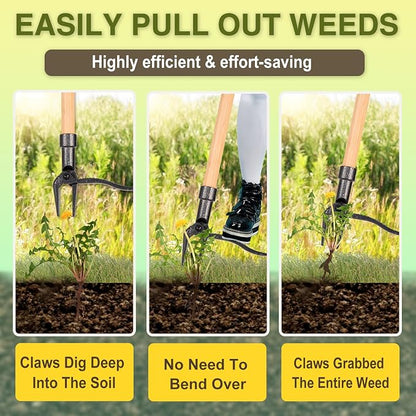 Weed Puller Long Handle Foot Platform Design 4-Claw Steel Head & Removable 3-Section Pole Garden Tools-Easily Remove Weeds Without Bending or Kneeling Stand Up Weed Puller Tool with Wooden