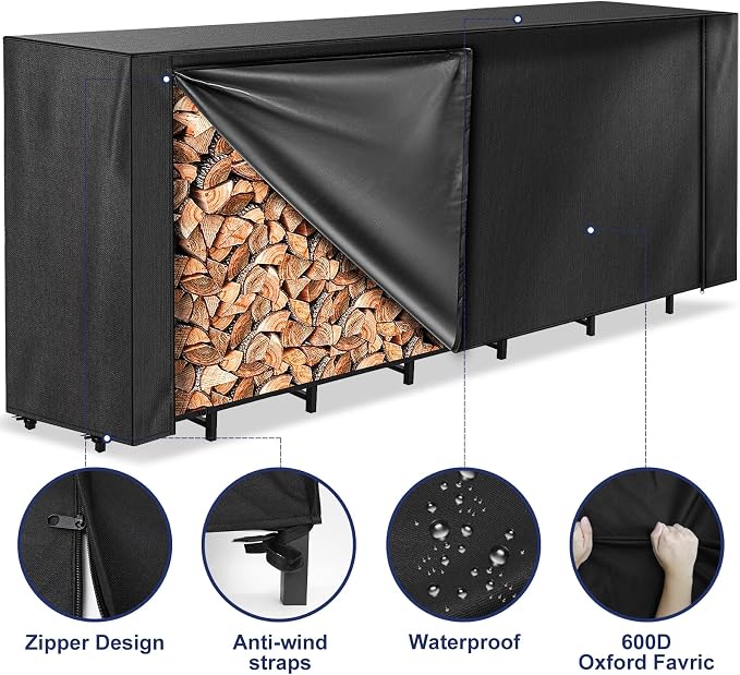 Honest 8ft Firewood Rack Cover, Heavy Duty Waterproof 600d Oxford Outdoor Firewood Storage Cover with Zipper and Openable Front Flap, Cover Only