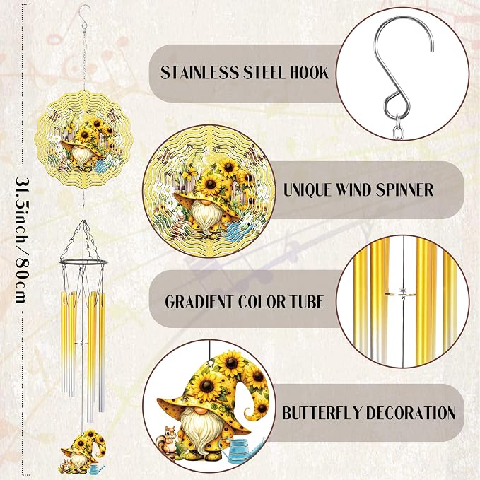 Metal Wind Chimes for Outside - Gnome Windchime with Wind Spinners | Garden Patio Lawn Balcony Decor Waterproof Sunflower 3D Art Hanging Birthday Gifts for Women Mom Grandma Wife Friends