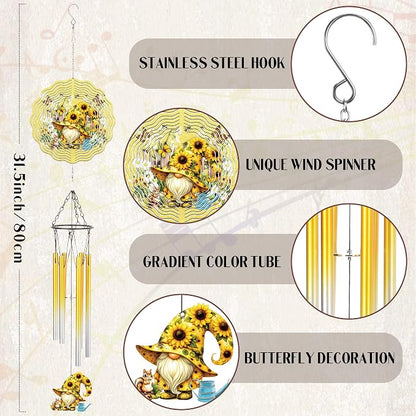 Metal Wind Chimes for Outside - Gnome Windchime with Wind Spinners | Garden Patio Lawn Balcony Decor Waterproof Sunflower 3D Art Hanging Birthday Gifts for Women Mom Grandma Wife Friends