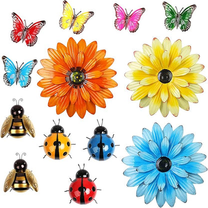 13pcs Metal Wall Decoration, Flowers, Butterflies, Bees, Ladybugs Colorful DIY Wall Decor Hanging Garden Fence Art for Indoor Outdoor Patio Yard Home Farmhouse, Gift for Family Friend