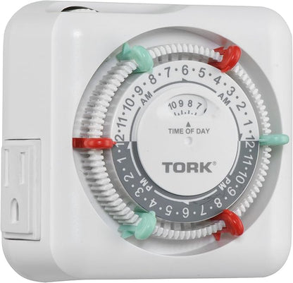 NSi Industries TORK RTN312 Indoor 15-Amp Plug-in Heavy Duty Mechanical Appliance Timer 24-Hour Programming – GREEN & RED Trippers TWO Receptacles White
