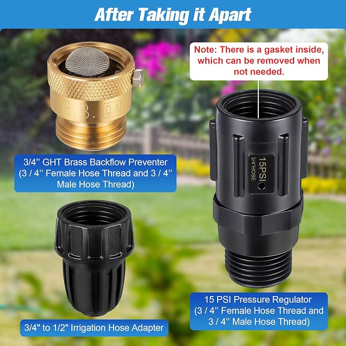 Feekoon 4 Set 15 PSI Drip Irrigation Faucet Adapter Kit 1/2'' Tubing to 3/4'' Faucet Water Pressure Regulator Backflow Preventer with Filter, Drip Irrigation System Parts