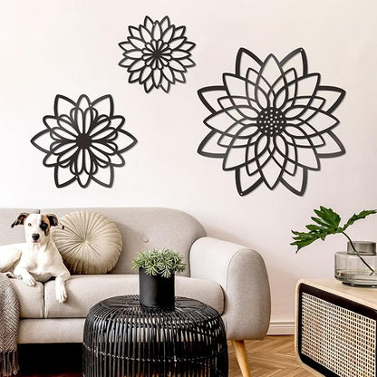 Zzbakress 3 Pcs Metal Flowers Wall Decor Black Wall Decor Metal Flower Art Farmhouse Wall Art Multiple Flowers Hanging Decor for Bathroom Living Room Kitchen Garden Office (Black Concise)