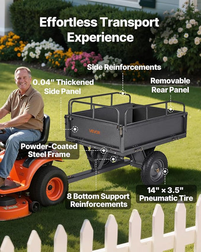 VEVOR 10 Cu.Ft. & 500lbs ATV Trailer Dump Cart Tow Behind, Heavy Duty Utility UTV Trailer, Tow Behind Steel Yard Dump Wagon Cart with 14" Tires for Lawn Mower Tractor