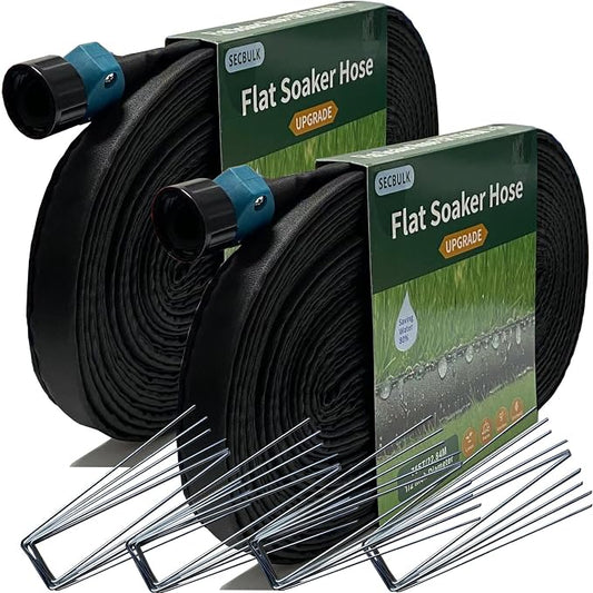 Secbulk 2026 Flat Soaker Hose 150 ft with Stakes for Garden, 75ft x 2 Linkable Drip Hose Diy Garden Irrigation System Saving 80% Water, Dual-layer Leak-free Design Water Hose with Holes