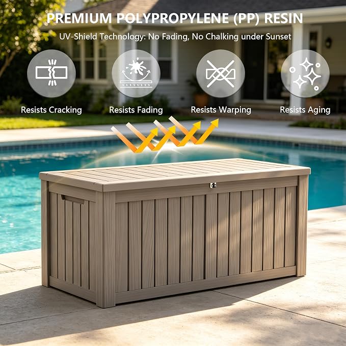 Outdoor Storage Box, 150 Gallon Waterproof Deck Box [Upgraded 3.1], Large Resin Storage with Hydraulic Gas Lifts for Cushions, Heavy Duty Lockable Bench Seat, Backyard Party, Grey