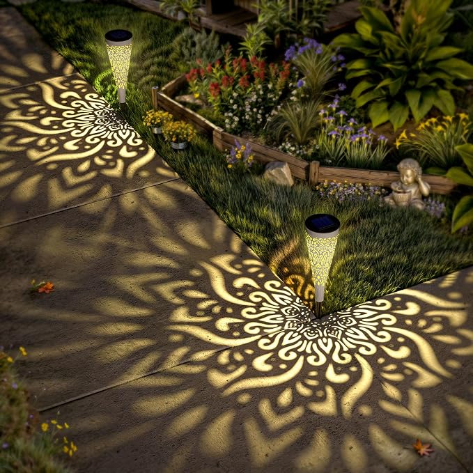 gardencave 6 Pack Solar Lights Outdoor Garden Decorative Mandala Solar Garden Lights with Warm Light Waterproof Solar Pathway Landscape Light for Path Patio Backyard Walkway Yard Decor (White)