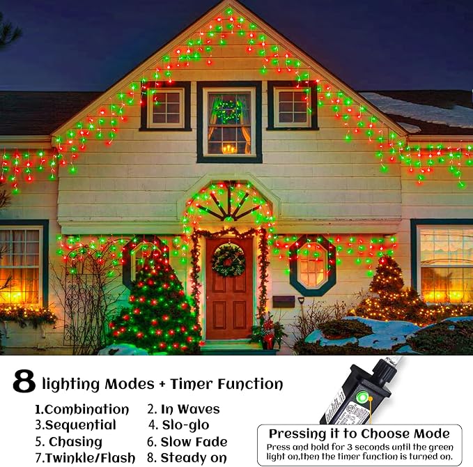 33ft Icicle Lights for Outside, Red and Green Christmas Lights Outdoor Indoor, 400 LED Twinkle String Lights with 75 Drops, Clear Wire Short Curtain Lights for Thanksgiving Room Home Wall Bedroom
