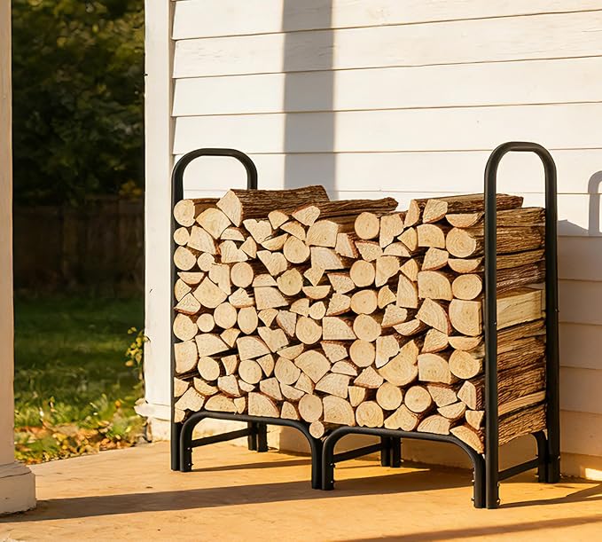 4ft Firewood Rack Heavy Duty Indoor Outdoor Firewood Storage Log Rack with Cover，Black Round Tube