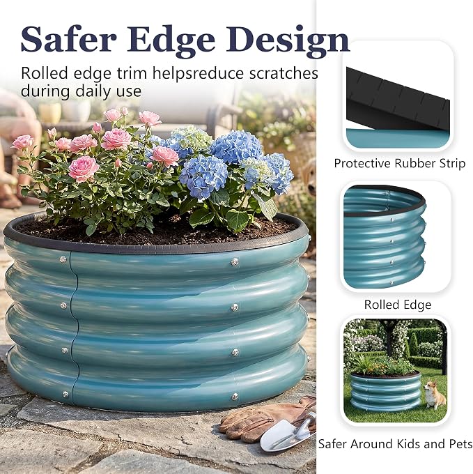 2 x 2 x 1 ft Round Raised Garden Bed, Blue 2 Pack 0.6 mm Thick Galvanized Steel Planter Box with Double Layer Paint and Safety Edge Trim for Vegetables Flowers Herbs Outdoor Garden