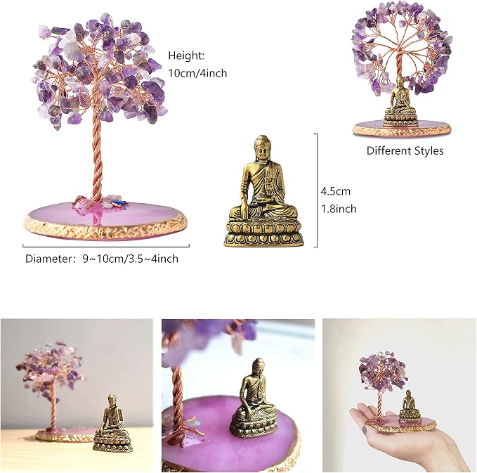 Buddha Statue with Healing Crystal Tree, Tree of Life for Positive Energy. Home Decor Yoga Meditation. Amethyst.(A)