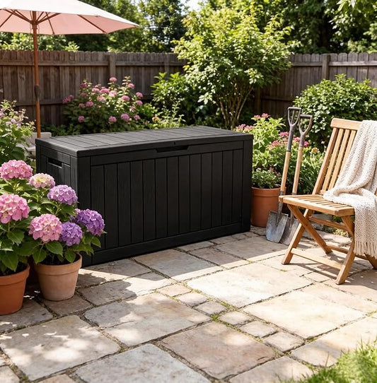 Outdoor Storage Box, 120 Gallon Resin Deck Boxes Outdoor Waterproof For Patio Furniture, Garden Tools, Pool Supplies, Lockable And UV Resistant (Striped Black)