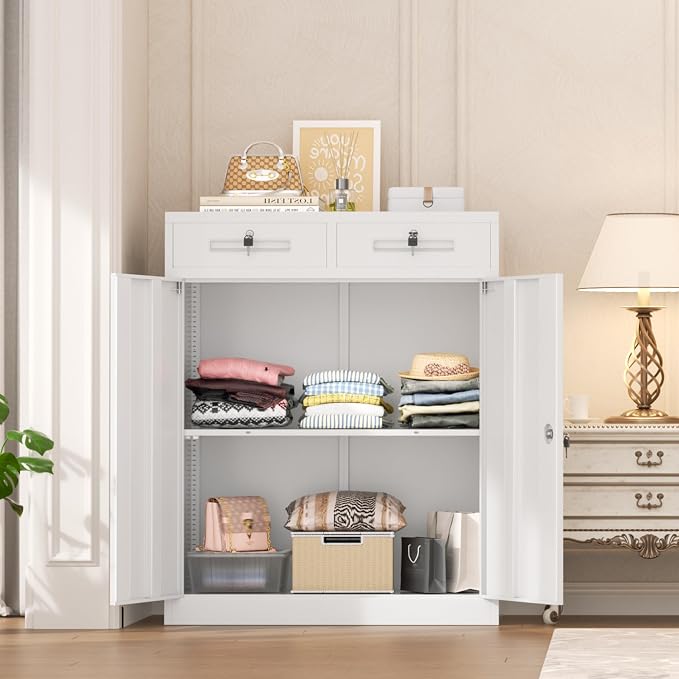 INTERGREAT Metal Garage Storage Cabinets with Lock,Steel Storage Cabinet with Drawer and 2 Adjustable Shelves, Small Lockable Office Steel Cabinet for Home, Warehouse, School, White