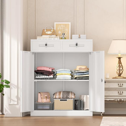 INTERGREAT Metal Garage Storage Cabinets with Lock,Steel Storage Cabinet with Drawer and 2 Adjustable Shelves, Small Lockable Office Steel Cabinet for Home, Warehouse, School, White