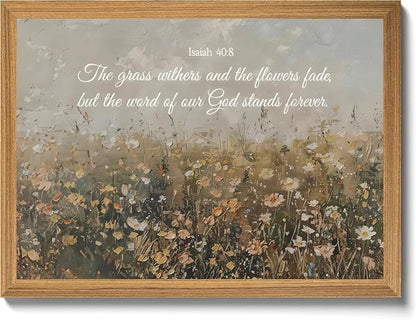 smvexyl Framed Christian Bible Verse Wall Art Canvas, Isaiah 40:8 Scripture Wildflower Meadow Painting Religious Wall Decor Faith Inspirational Picture for Living Room Bedroom Home Decoration 8x10 12x16 16x24