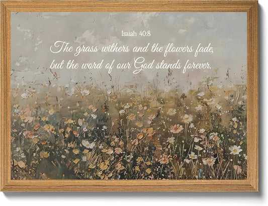 smvexyl Framed Christian Bible Verse Wall Art Canvas, Isaiah 40:8 Scripture Wildflower Meadow Painting Religious Wall Decor Faith Inspirational Picture for Living Room Bedroom Home Decoration 16x24