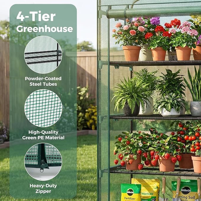 Sweetcrispy Mini Greenhouse with Roll-up Zipper Door Durable PE Cover, 27"x19"x63" 4 Tier, Small Greenhouse for Outdoors Indoor Balcony, Porch, Garden, Patio, Backyard Green Houses, Green