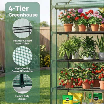 Sweetcrispy Mini Greenhouse with Roll-up Zipper Door Durable PE Cover, 27"x19"x63" 4 Tier, Small Greenhouse for Outdoors Indoor Balcony, Porch, Garden, Patio, Backyard Green Houses, Green
