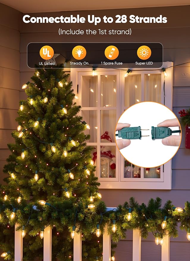 Minetom Vintage C9 Christmas Lights Outdoor, 25 Feet 25 LED C9 Christmas Decorations, Connectable Waterproof String Lights for Holiday Party Roofline Backyard Garden Patio, E17 Base, Warm White