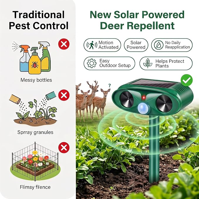 Ultrasonic Deer Repellent Device for Plants Garden Solar Animal Repellent Outdoor with Motion Activated for Rabbit Cat Deterrent Raccoon Squirrel Fortress Pro Keep Pest Out of Yard,2 Pack
