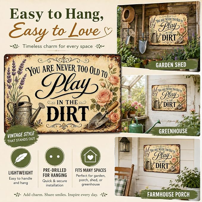 Garden Play Aluminum Metal Sign, Vintage Floral Wall Decor, Rustic Outdoor Plaque, Gift for Patio Greenhouse 8x12 Inch (26035)