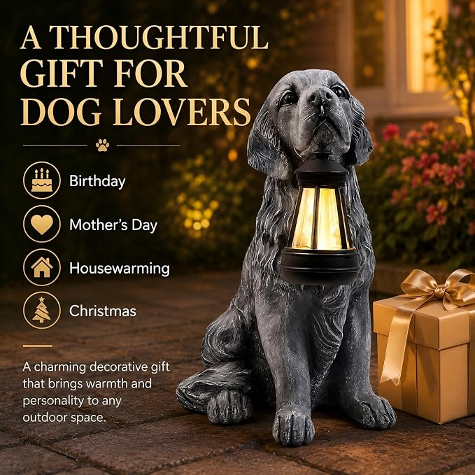 12.2 Inch Large Solar Dog Garden Statue with Lantern, Waterproof Resin Outdoor Puppy Figurine Light for Patio Yard Lawn Pathway Porch, Decorative Solar Lights Gift for Dog Lovers