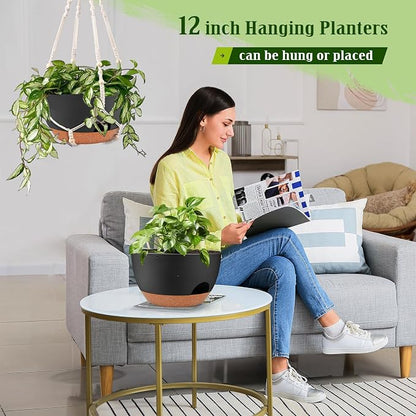 12 Inch Self Watering Hanging Planters with Removable Reservoir, 2 Pack | Drainage Holes, Metal Chain, for Indoor/Outdoor Plants, Patio,Balcony & Garden