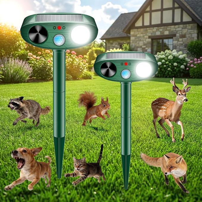 2026 Upgraded Ultrasonic Solar Animal Repellent Outdoor, Deer Repellent Devices Squirrel Cat Raccoon Rabbit Dog Deterrent with Motion Sensor Flash Light for Yard Garden Lawn