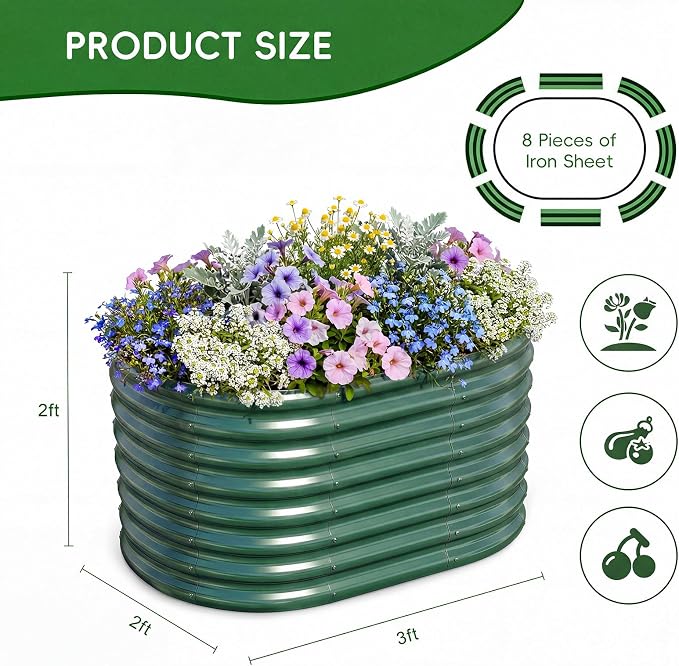 AHEONLAR 3Pack 3x2x2ft Galvanized Raised Garden Beds Outdoor, Oval Raised Beds for Gardening Metal Planter Boxes for Planting Vegetables, Fruit, Herb, Green
