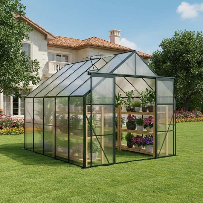 8x10 FT Greenhouse, Walk-in Polycarbonate Greenhouses with Double Sliding Doors, Aluminum Frame, Adjustable Roof Vent, Raised Base & Anchor, Outdoor Backyard Greenhouse for All Seasons, Green