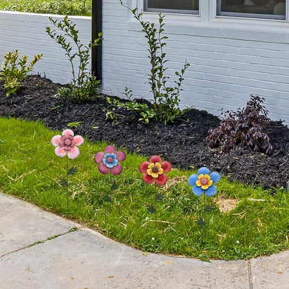 4Pcs Metal Flower Garden Stakes, 16" H Rustic Flowers Yard Stake Decorative Spring Outdoor Garden Decor Planter Flower Pot Metal Flower Stick for Patio,Lawn,Yard,Pathway (Flower)