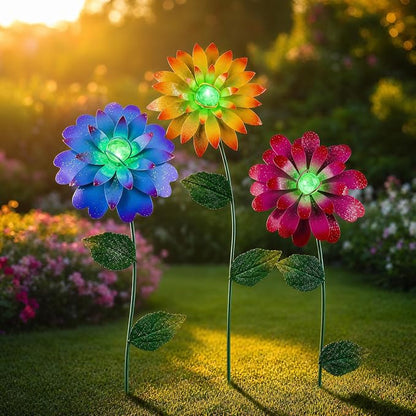 Garden Decor for Outside, 3 Pack Metal Flower Garden Stakes with Glow Beads, Swaying Yard Art for Lawn, Patio, Flower Beds & Outdoor Garden Decorations