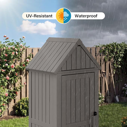 Bifanuo Deck Box Storage Shed Outdoor Storage Cabinet, Vertical Waterproof Resin Material Plastic Shed with Removable Shelves, 12 Hooks and Lock Ring for Garden, Pool and Patio (Classic Grey)