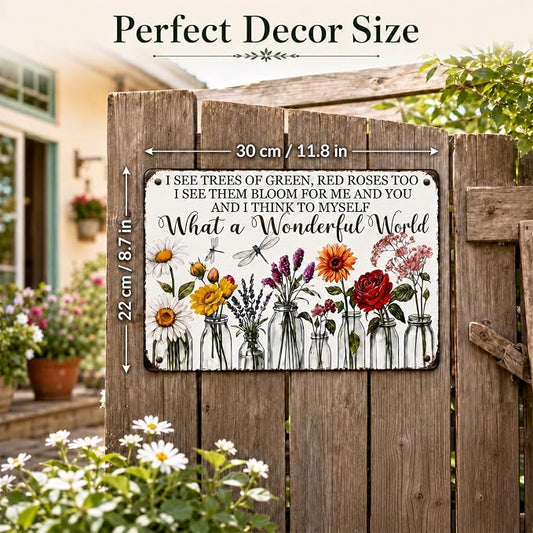 Vintage Flower Garden Metal Sign, 8x12 In Rustic Tin Wall Decor | floral metal sign with rope and 4 pins for garden, porch, patio, fence, farmhouse and home wall decor