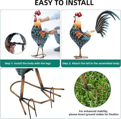 32" Majestic Metal Rooster Yard Decor, Large Outdoor Garden Statue | Outdoor Chicken Sculpture, 3D Hand-Painted, Rustic Farmhouse Style, Weather Resistant Iron, Backyard Patio Lawn Garden