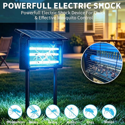 Solar Bug Zapper Outdoor Cordless, 9600mAh Battery | 365-395nm UV Light, IPX5 Waterproof, Dusk-to-Dawn Sensor, 1 Acre Coverage, Black, for Outdoor Indoor Use (20inch)